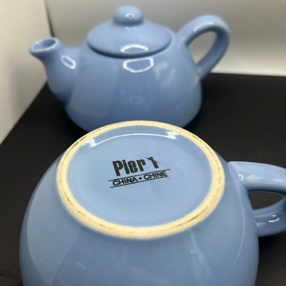 Pier 1 Blue Ceramic Stoneware Tea For One Stackable Teapot Excellent Condition